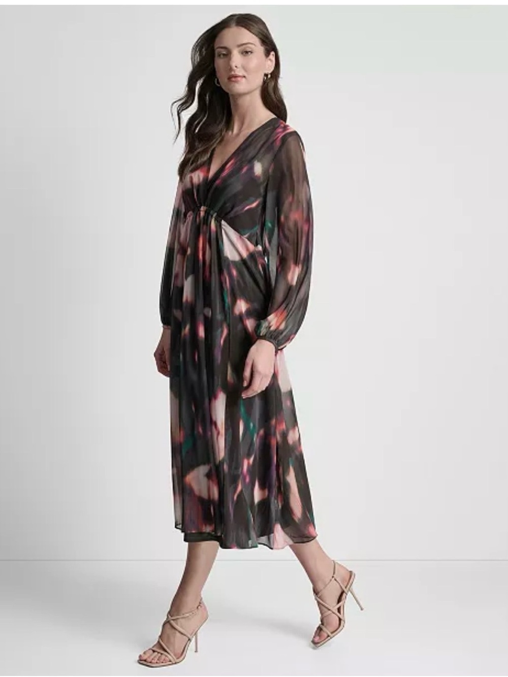 DKNY Black Multi Long-Sleeve V-Neck Midi Dress